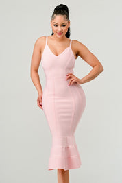 Women's Light Pink Bodycon Midi Dress with Spaghetti Straps