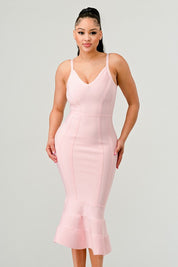 Women's Light Pink Bodycon Midi Dress with Spaghetti Straps