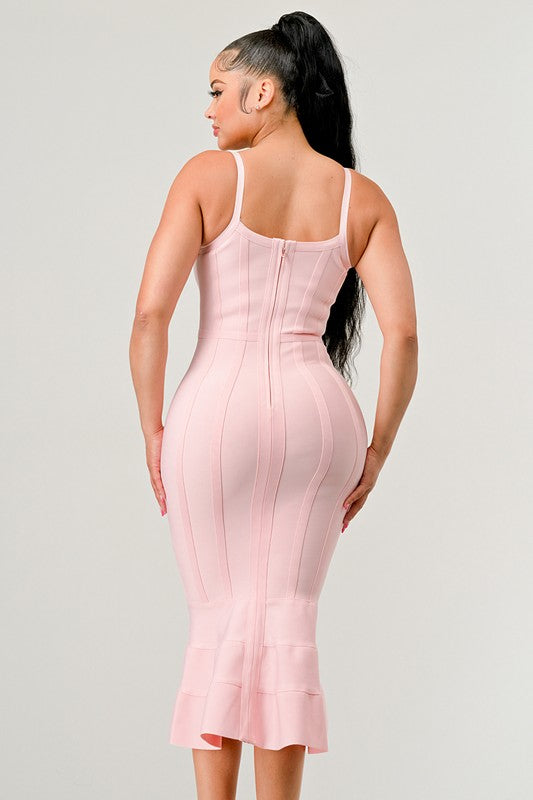 Women's Light Pink Bodycon Midi Dress with Spaghetti Straps