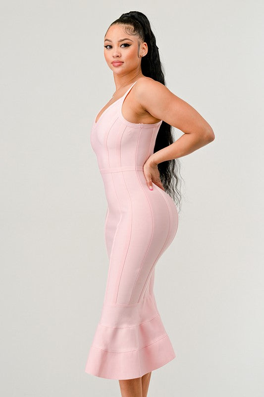 Women's Light Pink Bodycon Midi Dress with Spaghetti Straps