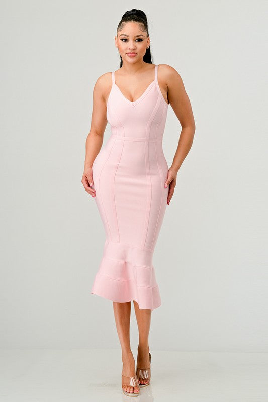 Women's Light Pink Bodycon Midi Dress with Spaghetti Straps