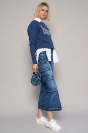 Women's Casual Cargo Pocket Long Denim Skirt