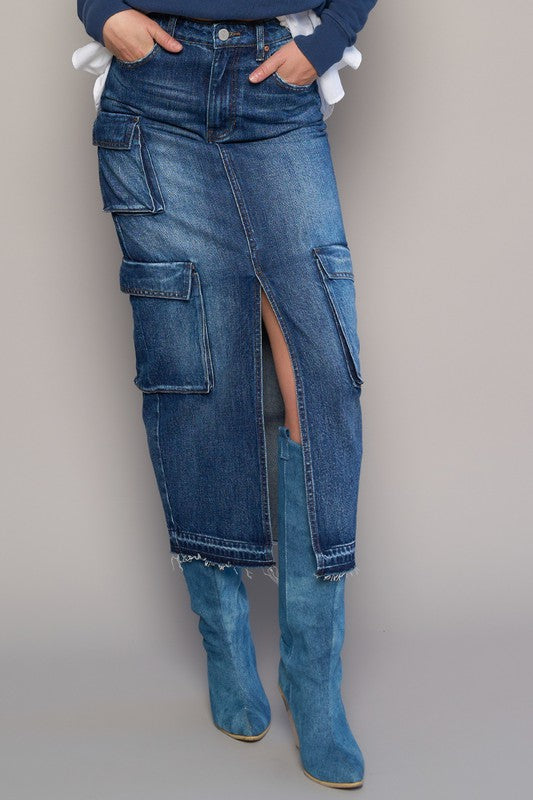 Women's Casual Cargo Pocket Long Denim Skirt