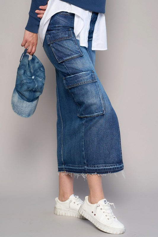 Women's Casual Cargo Pocket Long Denim Skirt