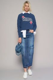 Women's Casual Cargo Pocket Long Denim Skirt