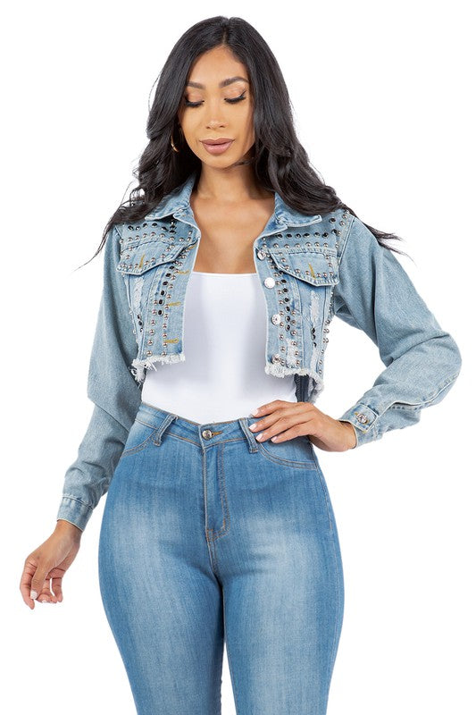 Women's Cropped Denim Jacket with Studs