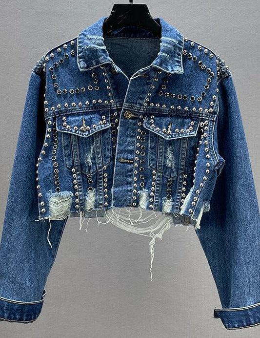 Women's Cropped Denim Jacket with Studs