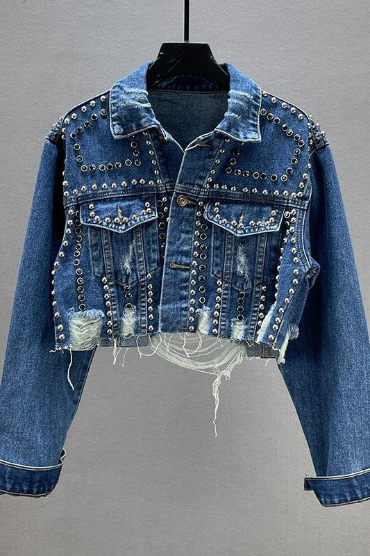 Women's Cropped Denim Jacket with Studs