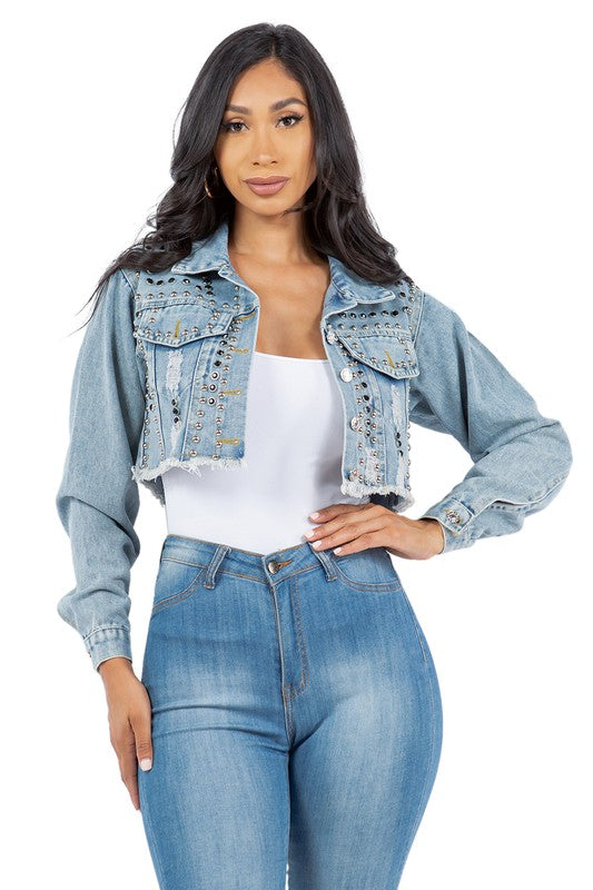 Women's Cropped Denim Jacket with Studs