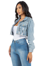 Women's Cropped Denim Jacket with Studs