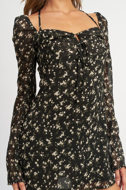 Women's Floral Long Sleeve Halter Dress