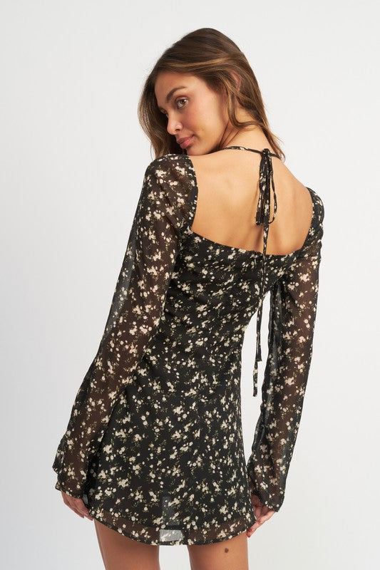 Women's Floral Long Sleeve Halter Dress