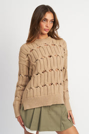 Women's Open Knit Sweater with Side Slits