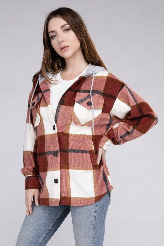 Women's Casual Hooded Plaid Fleece Shacket