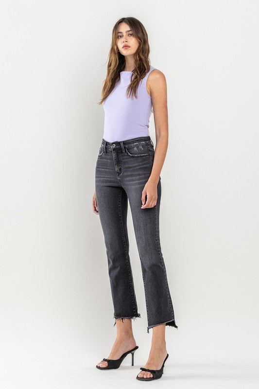 Women's High Rise Raw Hem Crop Flare Jeans