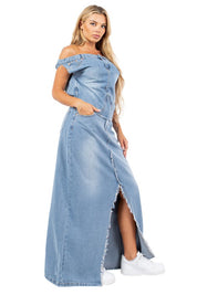 Women's Off-Shoulder Denim Maxi Skirt Set