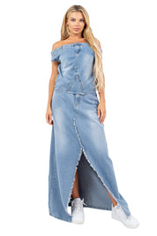 Women's Off-Shoulder Denim Maxi Skirt Set
