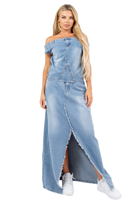 Women's Off-Shoulder Denim Maxi Skirt Set