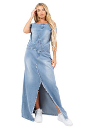 Women's Off-Shoulder Denim Maxi Skirt Set