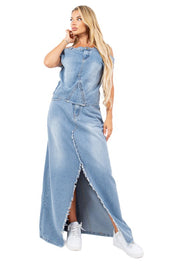 Women's Off-Shoulder Denim Maxi Skirt Set