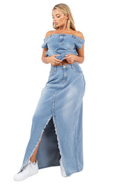 Women's Off-Shoulder Denim Maxi Skirt Set