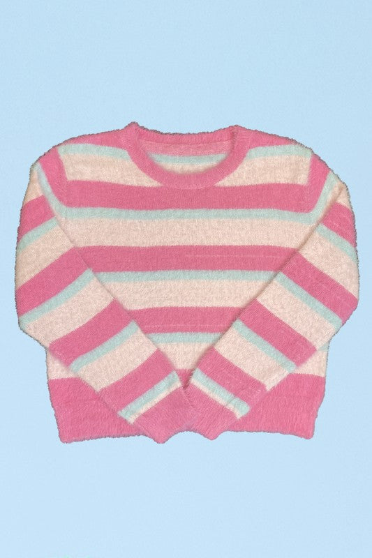 Fuzzy striped knit sweater