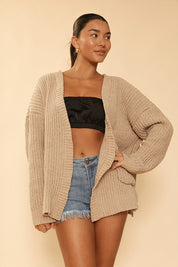 Women's Ribbed Knit Open Front Cardigan with Pockets