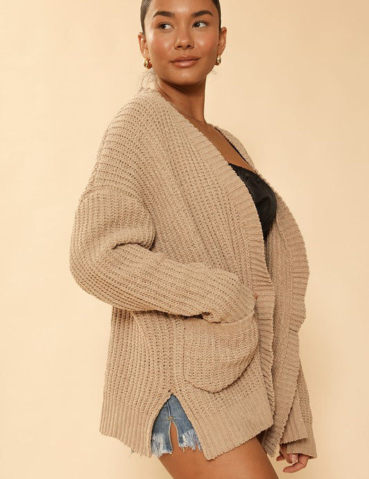 Women's Ribbed Knit Open Front Cardigan with Pockets