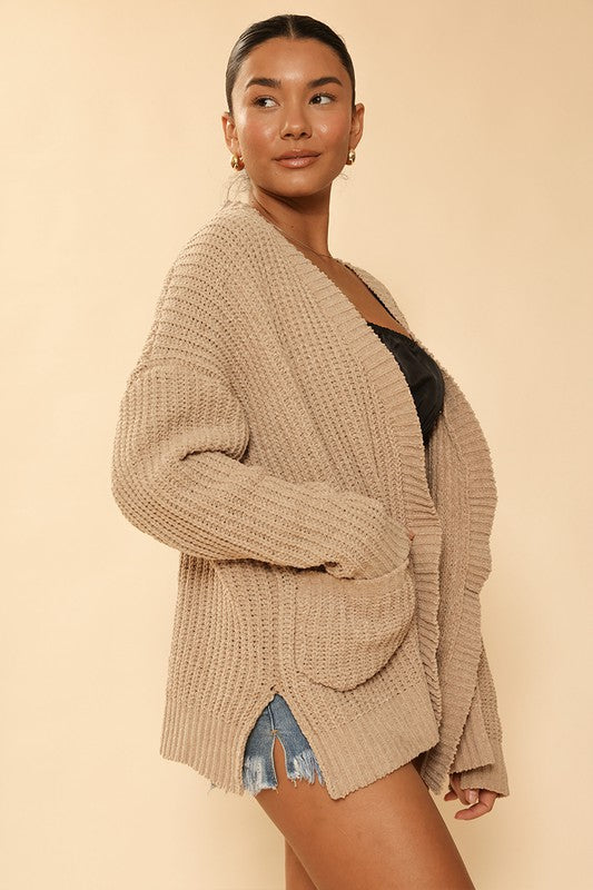 Women's Ribbed Knit Open Front Cardigan with Pockets