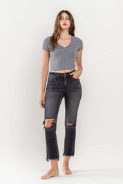 Women's High Rise Distressed Crop Slim Straight Jeans