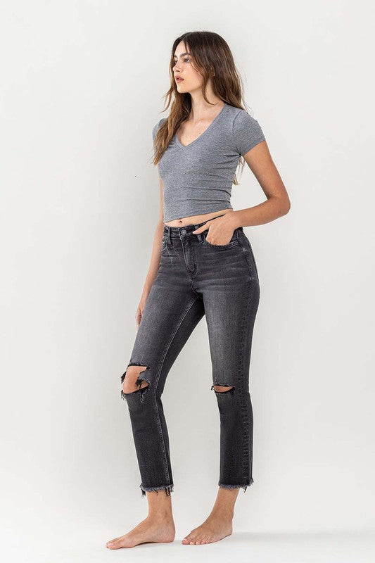 Women's High Rise Distressed Crop Slim Straight Jeans