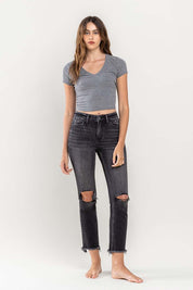 Women's High Rise Distressed Crop Slim Straight Jeans