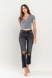 Women's High Rise Distressed Crop Slim Straight Jeans