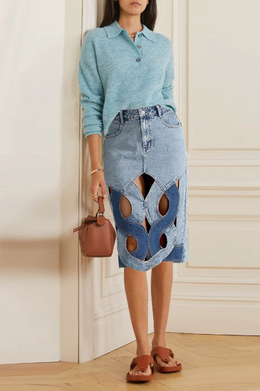 Women's Casual Denim Skirt with Cut-Out Design