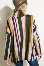 Women's Oversized Multi Stripe Turtle Neck Long Sleeve Top