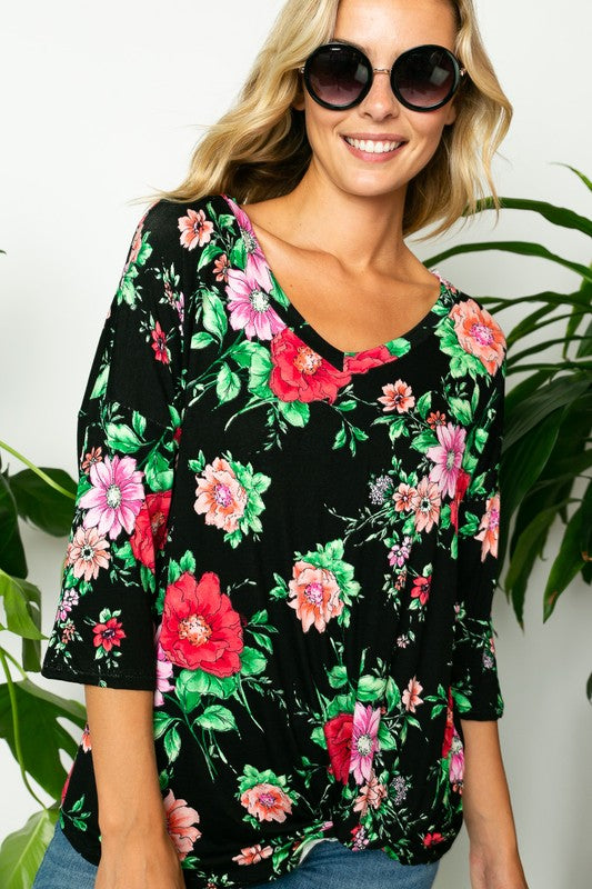 Women's Floral Twisted Front Bottom V Neck Plus Top