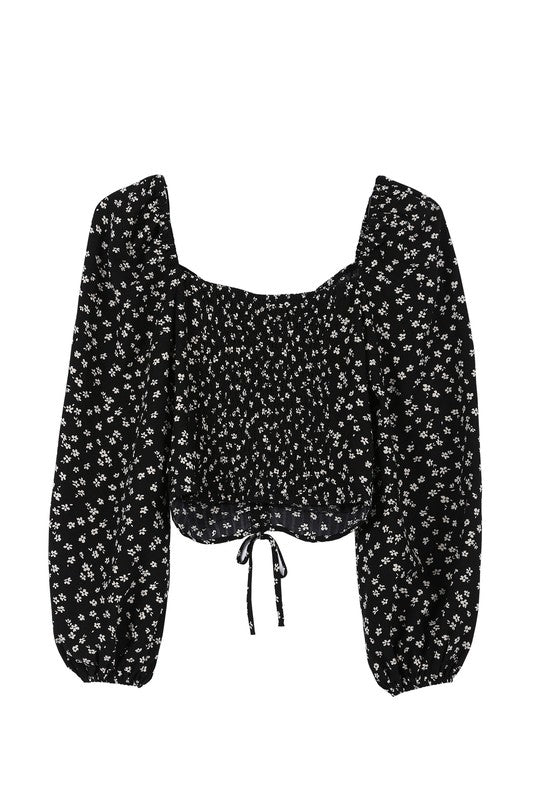 Women's Ruched Floral Print Puff Sleeve Crop Top