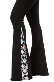 Women's High Rise Black Bell Bottom Jeans with Star Embellishments