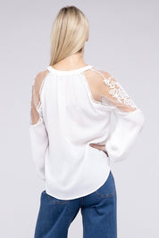 Women's Lace Patchwork Tie Neck Long Sleeve Blouse