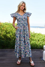 Women's Vintage Floral Flutter Smocking Midi Dress