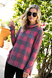 Women's Plus Plaid Turtle Neck Boxy Top