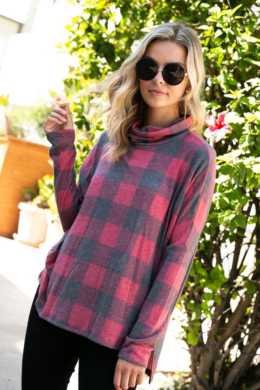 Women's Plus Plaid Turtle Neck Boxy Top