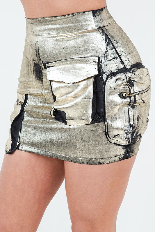 Women's High Rise Gold Foil Cargo Mini Skirt