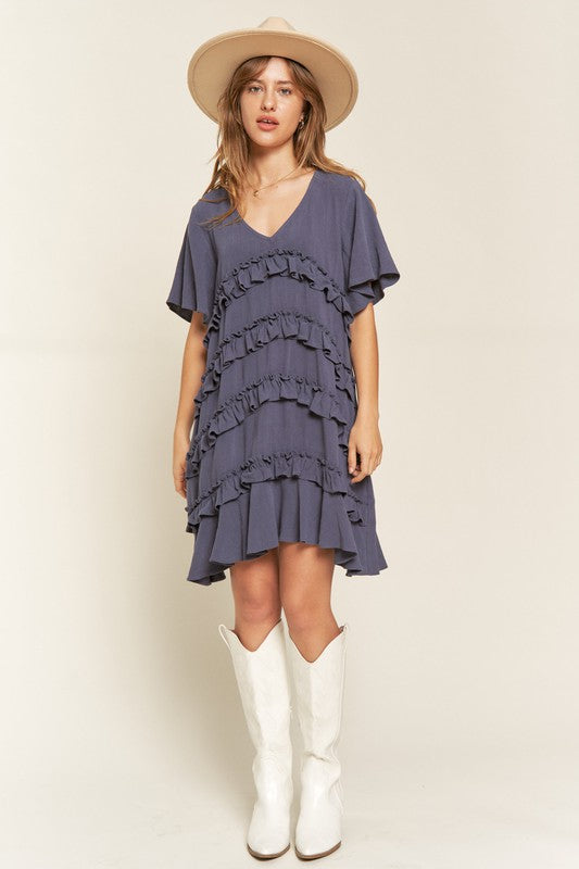 Women's Tiered Ruffle Mini Dress with Flare Sleeves