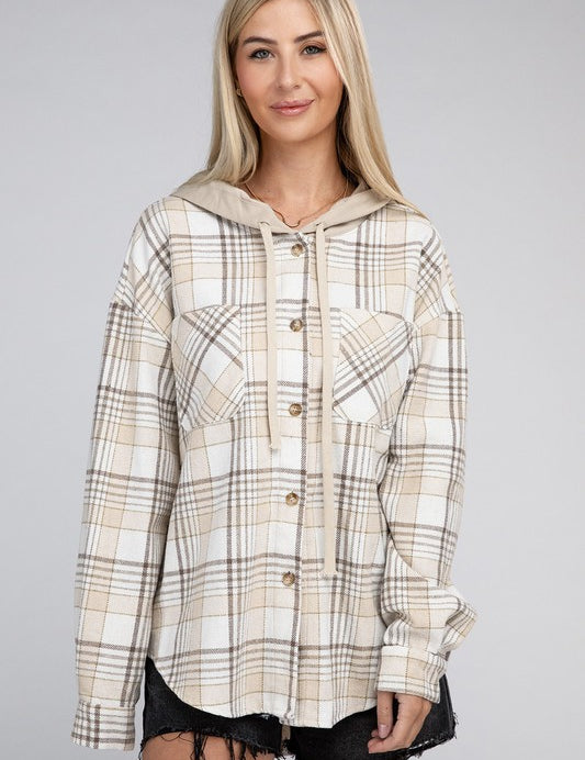 Plaid Hooded Button Up Jacket