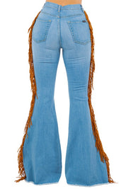 Women's High Rise Fringe Bell Bottom Jeans in Light Blue