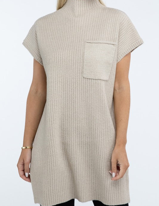 Mock Neck Short Sleeve Sweater Dress with Pocket