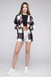 Women's Casual Hooded Plaid Fleece Shacket