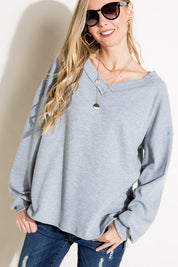 Women's Solid Waffle V Neck High Low Boxy Top