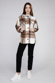 Women's Casual Hooded Plaid Fleece Shacket